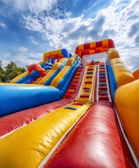 A colorful inflatable slide, playground with bright orange, blue, and yellow sections under a clear sky. The image captures the fun and excitement of a playground or fair.
