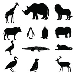 A collection of diverse animal silhouettes including mammals birds and reptiles on a white background