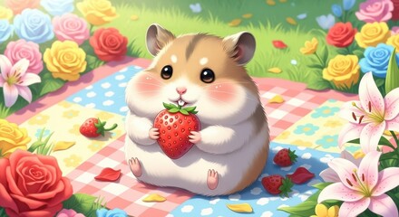 Naklejka premium Adorable hamster enjoys juicy strawberry during a vibrant spring picnic surrounded by blooming flowers