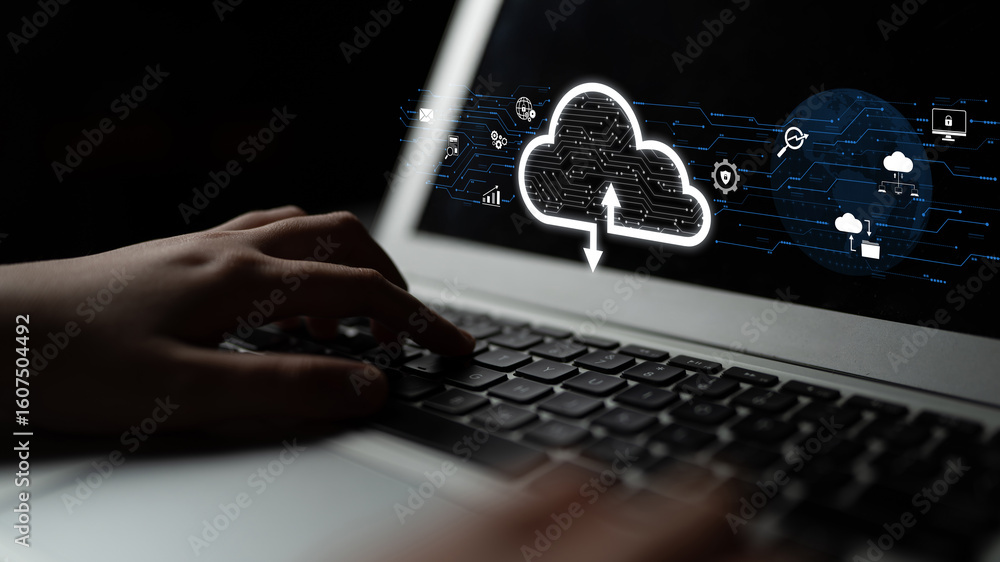 Poster cloud computing enables digital growth with secure data storage, scalable infrastructure, and strate