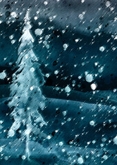 Watercolor winter forest, silhouette of trees, bushes. Field. Country view. Postcard, logo, card. Drawing of blue spruce. Country landscape. Trees in the snow.Bad weather, storm. Sunset, dawn, eclipse