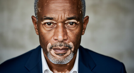 A portrait of a middle-aged man with vitiligo, looking directly at the camera with pride and self-assurance.