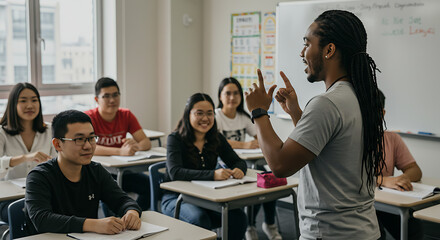 Obraz premium A deaf person using sign language in a classroom setting, interacting with students of different ethnicities.
