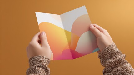 Person holding a folded brochure with a red design and logo, likely in an indoor setting, engaged in reading or reviewing the content during daytime