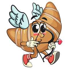 funny croissant mascot character cupid with angel wings and the arrow of love in sneakers, cute bakery bread cartoon vector isolated illustration, work of hand drawn