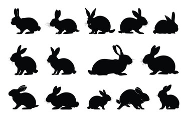 A collection of fifteen black rabbit silhouettes in various poses on a white background illustration