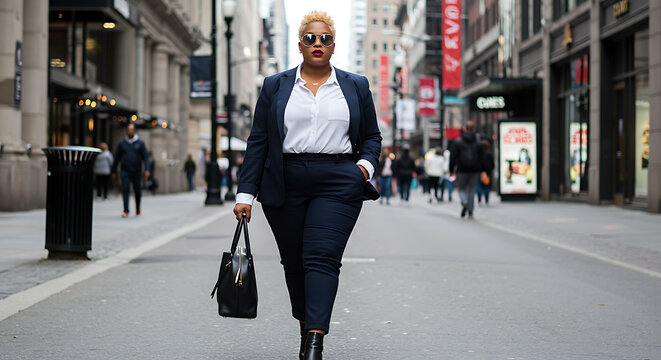 A confident plus-size woman walking through a city street wearing fashionable clothes and sunglasses. - Powered by Adobe