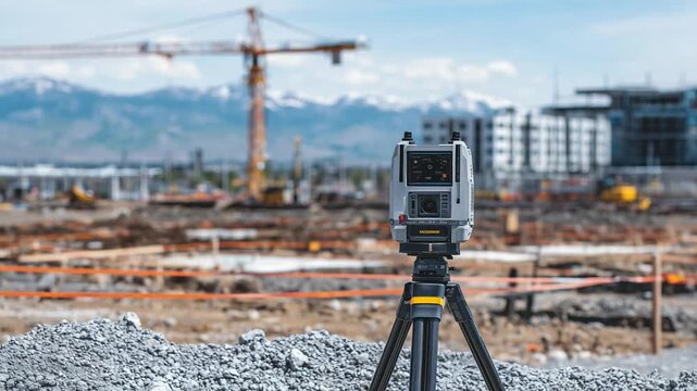 A high-tech geodesy scanner on a stable gravel base, encircled by safety barriers and steel beams, with a construction crane in the sunlit background.