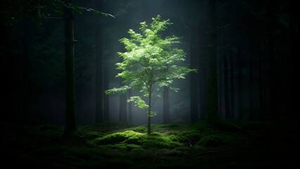 Fototapeta premium Young Tree Glowing in Enchanted Forest with Dramatic Lighting