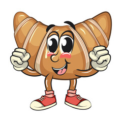 funny croissant mascot character healthy and strong enough to become a champion in sneakers, cute bakery bread cartoon vector isolated illustration, work of hand drawn