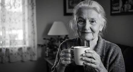 An elderly woman enjoys a warm beverage in her cozy home while looking at the camera in black and white