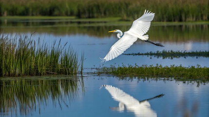 A great egret flies over the water with its reflection visible below