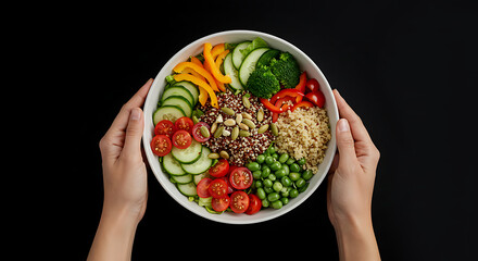 Hands preparing a colorful salad bowl with fresh vegetables and grains, photographed from above.