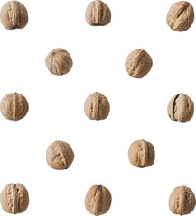 Whole walnuts scattered on white background food brown