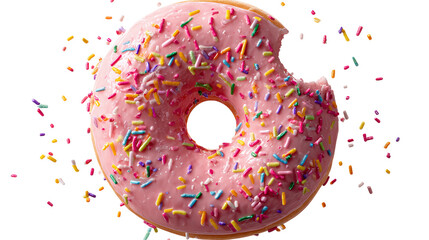 Pink frosted donut with rainbow sprinkles and bite mark on one side, playful birthday treats, transparent background