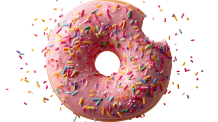 Pink frosted donut with rainbow sprinkles and bite mark on one side, playful birthday treats, transparent background 