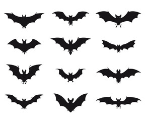 A collection of twelve black bat silhouettes displayed on a white background in various flying positions