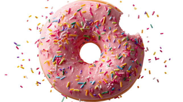 Pink frosted donut with rainbow sprinkles and bite mark on one side, playful birthday treats, transparent background 