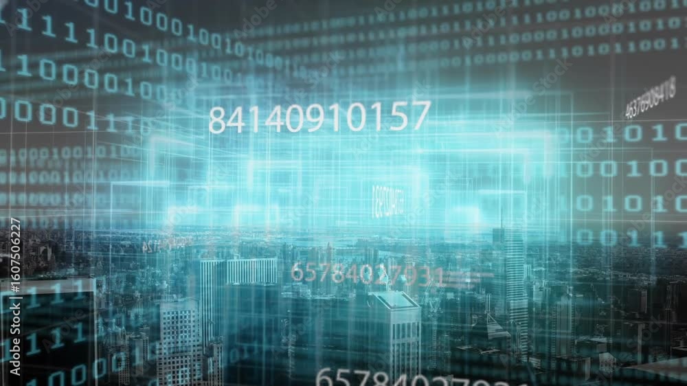 Poster on start binary code scrolling over skyline grid appearing and updating numbers visualizing data