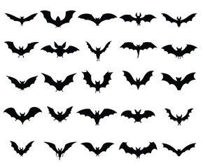 Collection of twenty five bat silhouettes set in various flying poses on a white background