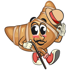 funny croissant mascot character carrying a stick and saluting and raised hat in sneakers, cute bakery bread cartoon vector isolated illustration, work of hand drawn