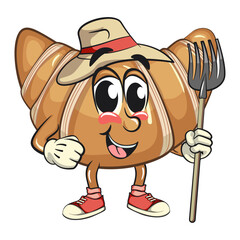 funny croissant mascot character as farmer with his fork in sneakers, cute bakery bread cartoon vector isolated illustration, work of hand drawn