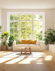 Sunny, bright living room with large window, plants, and white couch