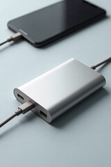 Modernes Smartphone wird über elegante Powerbank mit USB-Kabel auf hellem Untergrund geladen