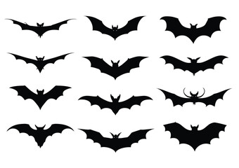 A collection of black bat silhouettes in various flying poses against a white background for halloween decor