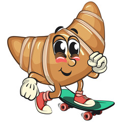 funny croissant mascot character playing skateboard in sneakers, cute bakery bread cartoon vector isolated illustration, work of hand drawn