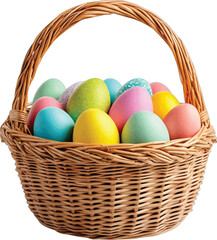 Woven basket overflowing with colorful Easter eggs vector