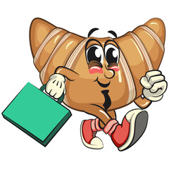 funny croissant mascot character with a suitcase rushing to the office in sneakers, cute bakery bread cartoon vector isolated illustration, work of hand drawn