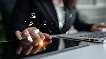 Omnichannel marketing journey showing interaction across media, email, messaging, mobile,...