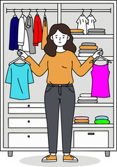 A metaphor for the inability to make decisions. A woman in front of a wardrobe, unable to choose between two items, symbolizing confusion and difficulty in making choices in everyday situations.