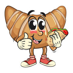 funny croissant mascot character carrying a taco while giving a thumbs up in sneakers, cute bakery bread cartoon vector isolated illustration, work of hand drawn