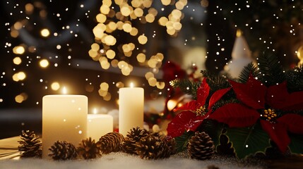 Warm candle glow amidst festive holiday decorations creates cozy ambiance