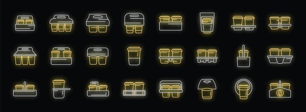 Bright neon icons representing various coffee cup carriers and holders glow against a dark backdrop