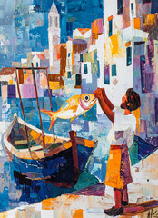 Colorful painting of a fisherman proudly holding a large fish near a boat in a vibrant coastal village scene.
