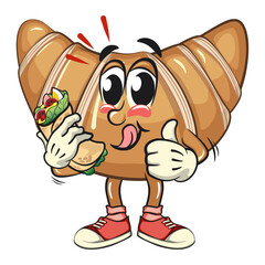 funny croissant mascot character have a burritos while giving thumbs up in sneakers, cute bakery bread cartoon vector isolated illustration, work of hand drawn