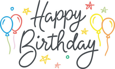 Happy Birthday text with colorful balloons and stars celebration party
