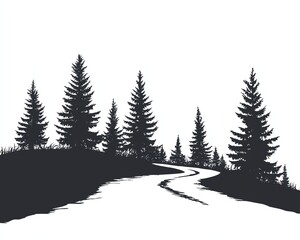 Fototapeta premium Silhouette image of a winding road flanked by pine trees, against a white background
