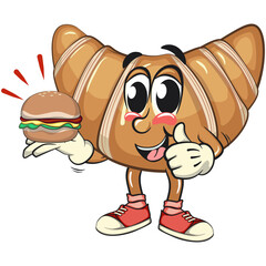 funny croissant mascot character carrying a burger while giving a thumbs up in sneakers, cute bakery bread cartoon vector isolated illustration, work of hand drawn