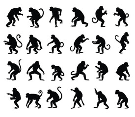 Collection of monkey silhouettes in various poses arranged on a white background in a grid pattern