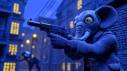 Anthropomorphic elephant holding a gun in a dark urban street at night, cinematic blue lighting, tense atmosphere.