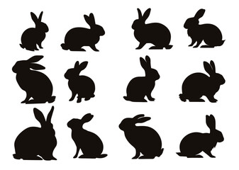 Collection of fifteen black rabbit silhouettes in various poses against a light beige background