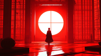 Silhouette of lone figure in futuristic red hall with glowing circular portal and dramatic light.