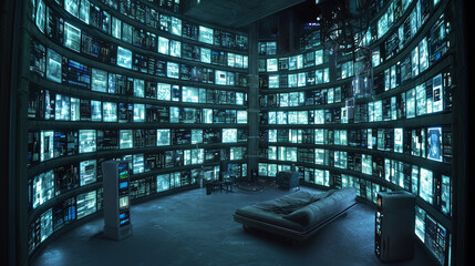 Futuristic control room with circular walls covered in glowing digital screens, high tech bed, and advanced computer equipment.