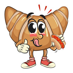 funny croissant mascot character carrying a hotdog while giving a thumbs up in sneakers, cute bakery bread cartoon vector isolated illustration, work of hand drawn