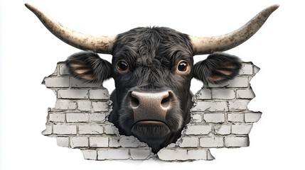 Powerful black bull head with large horns bursting through a cracked white brick wall on white background.
