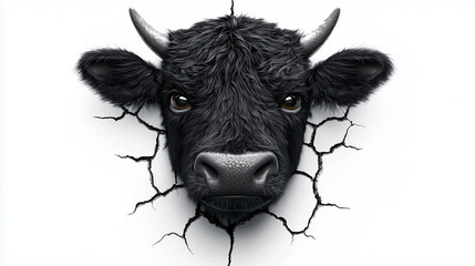 Black bull head emerging through cracked white wall, bold and striking concept art